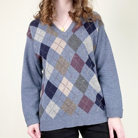 Vintage Argyle Harlequin V-Neck Peppy Tennis Sweater Oversized Grandpa Academia - Picture 1 of 7